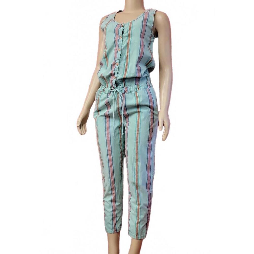 BOBO CHOSES  Teal Cotton Striped Women's Jumpsuit Drawstrings Waist Size 1 #C